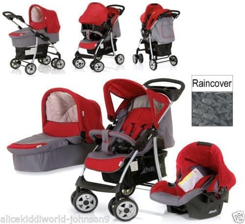 New Hauck shopper trio 3in1 pushchair buggy pram stroller+carrycot+car seat+raincover in smoke tango (red/grey) by Hauck