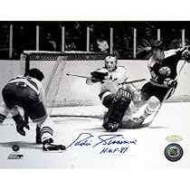 Eddie Giacomin New York Rangers - Save vs. Bruins - Autographed 8x10 Photograph with HOF Inscription