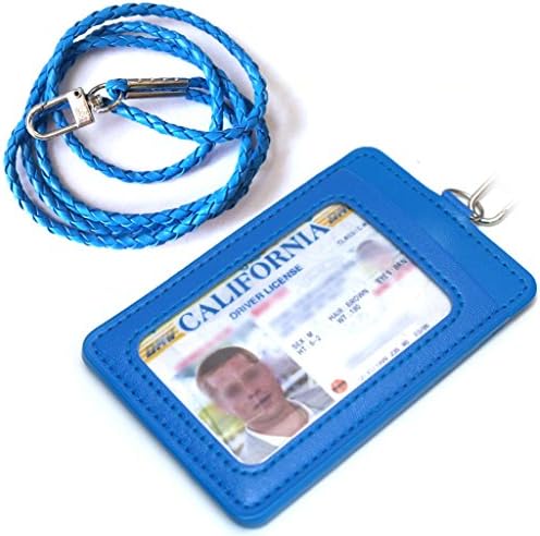 PU Leather ID Badges Holder Slim Credit Card Neck Strap Wallet SS001 (Blue)