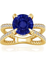 18K Yellow Gold Round Cut Blue Sapphire Fana Designer Ring