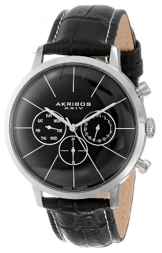 Akribos XXIV Men's AK647SS Ultimate Multifunction Stainless Steel Watch with Textured Black Leather Band