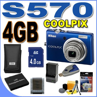 Nikon Coolpix S570 12MP Digital Camera w/5x Wide Optical VR Zoom Blue BigVALUEInc Accessory Saver 4GB EL10 Battery/Charger Bundle.