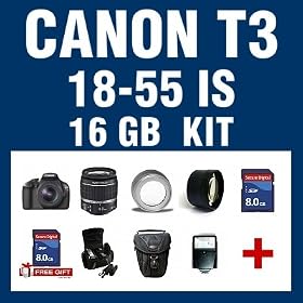 Canon EOS Rebel T3 12.2 MP CMOS Digital SLR Camera Body with 3 Lens Kit including Canon EF-S 18-55mm f/3.5-5.6 IS Lens + 16 GB Memory & Accessories Bundle