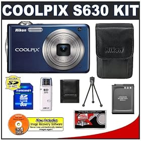Nikon Coolpix S630 12 Megapixel Digital Camera (Midnight Blue) with 7x Optical Zoom + EN-EL12 Battery + 8GB Card + Leather Case + Accessory Kit