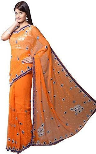 Aarti Saree Women's Designer Resham Embroidery Party Wear Saree Orange Free Size