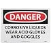 NMC D494RB OSHA Sign, Legend "DANGER - CORROSIVE LIQUIDS WEAR ACID GLOVES AND GOGGLES", 14" Length x 10" Height, Rigid Plastic, Black on White
