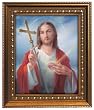 Sacred Heart of Jesus with Cross in Wood Frame with Golden Trim, 11.25" x 13.25" - MADE IN ITALY