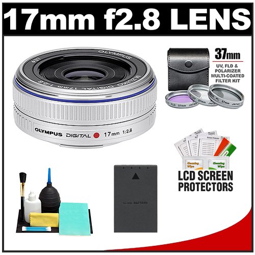 Olympus M.Zuiko 17mm f/2.8 Micro ED Digital Zoom Lens (Silver) with 3 UV/PL/FLD Filter Set + BLS-1/BLS-5 Battery + Accessory Kit for PEN Micro 4/3 E-P1, E-P2, E-P3, E-PL1, E-PL2, E-PL3, E-PM1 Cameras