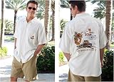 Luau Sportswear Embroidered Ivory Colored Short Sleeve, Spread Collar, 100% Herringbone Weave Silk, Square Hem, Men's Shirt with Two Rear Pleats and Luau Mother of Pearl Matching Buttons - Jazz Kings