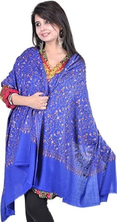 Online Dress : Exotic India Dazzling-Blue Kashmiri Tusha Shawl with Sozni Embroidered Paisleys by Hand - Blue Compare Prices