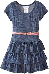 Girls Cotton/Knit  Belted Tiered Embroidered  Dress With Rhinestones