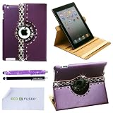 *BLING* 360 Rotating iPad 3 Purple Leather Case with (Black Silver White) Sparkling Rhinstone Details / One (Purple)*BLING* Stylus / One (Black) Stylus – ECO-FUSED® Microfiber Cleaning Cloth 5.5×3.0″ included – compatible with iPad 2 and iPad 3 (Black Silver White Rhinestones)