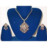 Kundan Pendant Ruby Red and Emerald Green Beads Traditional Stylish Necklace Earring Set