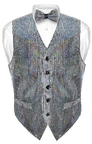 Men's SEQUIN Design Dress Vest & Bow Tie SILVER Color BOWTie Set for Suit Tux