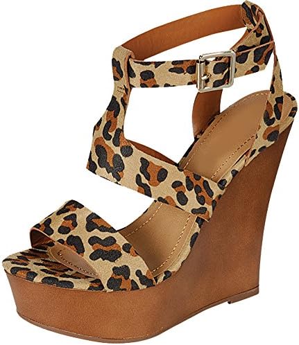 Fast Fashion Shoes Women's Open Toe Strappy Wooden Wedge Platform Sandals Shoes (8 B(M) US, Leopard)