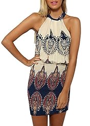 Summer Cotton/Polyester Shirred High-Neck Sleeveless Floral Print Bodycon Dress 