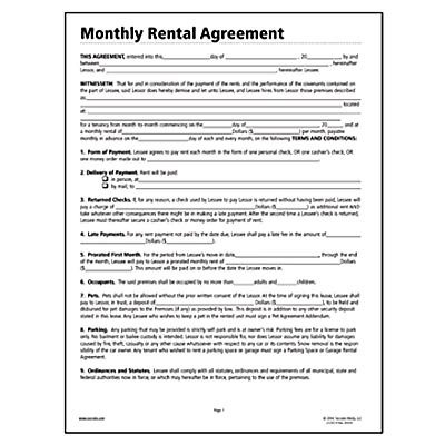 Monthly Rental Agreement Real Estate Forms - 11 x 8-1/2, 4 Forms per Pack(sold in packs of 3)