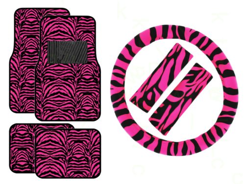 Best Price 7 Piece Safari Animal Print Automotive Interior Gift Set - 4 Universal Fit Carpet Floor Mats, Universal Fit Steering Wheel Cover, and 2 Seat Belt Shoulder Pads - Hot Pink Zebra
