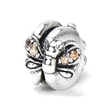 Bella Fascini Double Dragonfly Bead with Champagne CZ's - Solid Sterling Silver European Charm Bead
