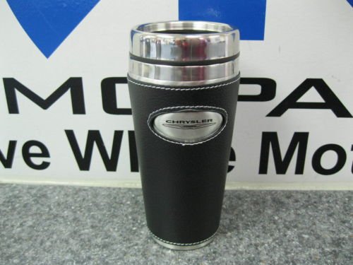 NEW CHRYSLER LEATHER WRAP COFFEE TRAVEL MUG CHRYSLER LOGO & WING STAINLESS MOPAR