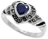 Marcasite Heart Ring in Sterling Silver, w/ Amethyst-colored CZ Stone, 3/8 (10mm) wide