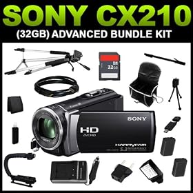 Sony HDR-CX210 High Definition Handycam 5.3 MP Camcorder with 25x Optical Zoom (Black) (32GB Advanced Bundle Kit) includes Charger, x2 Batteries, 32GB SD Memory, Carrying Case, Full Size Tripod, HDMI Cable, Mini Tripod, Monopod, Video Light Kit, Grip Handle, Card Reader, Card Wallet, Cleaning Kit - 