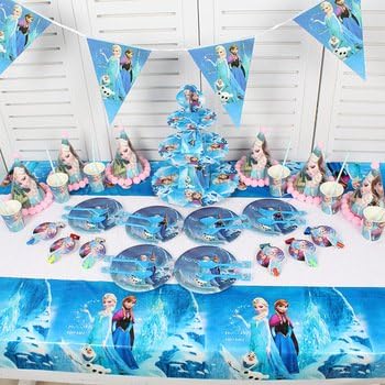 Disney Frozen Plastic Tablecloth And Banner Featuring Elsa Ana And Olaf, Light Blue And White - 2 Count.