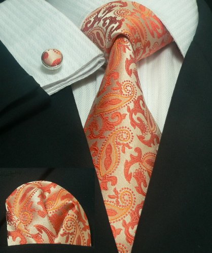 Landisun 189 Bright Orange Paisleys Mens Silk Tie Set: Tie+Hanky+Cufflinks