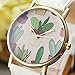 Top Plaza Casual Fashion Potted Plant Cactaceae Dial Non Scale Golden Alloy Case PU Leather Strap Analog Quartz Wrist Watch-White