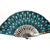 Peacock Pattern Sequin Fabric Hand Fan Decorative Fashionable (New Blue)