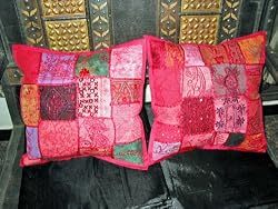 2 Embroidered Sari Cushion Cover Brink Pink Toss Pillows Covers 16"