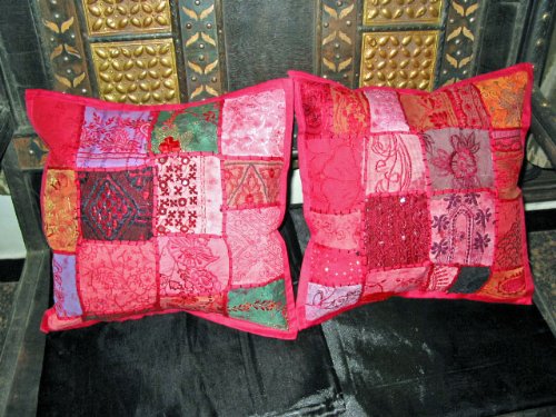 2 Embroidered Sari Cushion Cover Brink Pink Toss Pillows Covers 16"