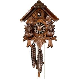 River City Clocks 59-08 Chalet Style One Day Cuckoo Clock Cottage with Hand-Carved Maple Leaves And Owls, 8-Inch Tall