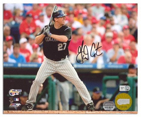 Mounted Memories Colorado Rockies Garrett Atkins Autographed 8x10 NLCS Batting MLB Photo