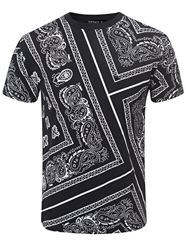 URBAN K men s Hipster Hustle Bandana Print & Faux Leather Crewneck T-Shirt XL Black