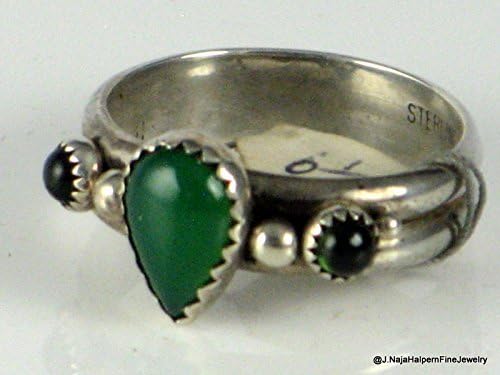 Green Chrysoprase and Tourmaline Sterling Ring 925 size 6.5
