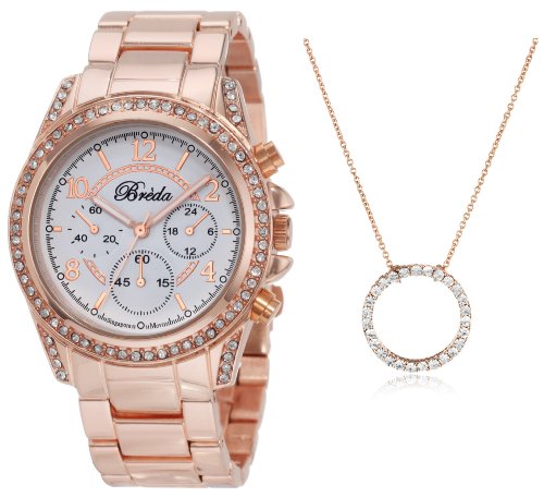 The Breda Women's Meredith Collection Eternity Necklace and Rhinestone Metal Watch Gift Set is a boyfriend inspired timepiece.  This watch is classic in design but has a feminine quality with the rose-gold metal rhinestone encru...