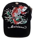 Tattoo Hat ~ Designer Red Asian Koi Fish (Japanese Carp) Tattoo Art Black Baseball Cap With Embroidery and Rhinestone Crystals; Great Gift Idea for Men, Women, and Teens. (Unisex Hat)