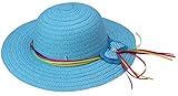 C-Princess女らしい つば広キッズ 子供用帽子 ストローハット 麦わら帽子 紫外線防止対策 UVカット バタフライ リボン飾り (7青い)