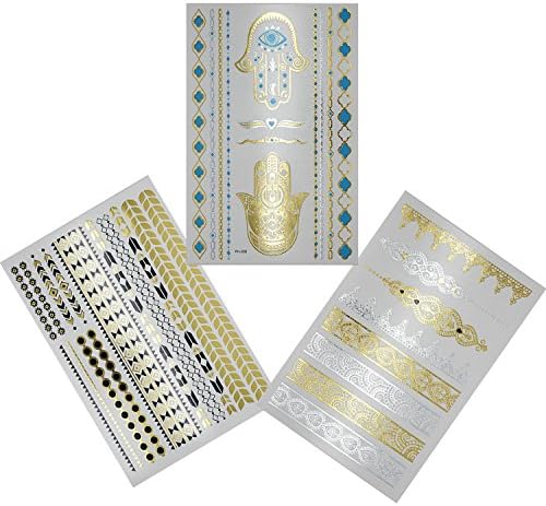 Shiny blue palm gold designs black dots metallic chain tattoo stickers