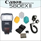 IMAGE OF Canon Speedlite 580EX II with Opteka Tri-Color Hard Flash Diffuser, Opteka E-TTL Sync Cord and 4 Pack AA Batteries With Charger For Canon EOS!