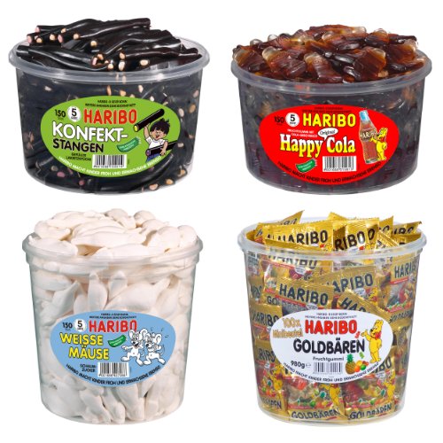 Haribo Best-Of Set, Gummibärchen, Weingummi, Fruchtgummi, 4 Sorten (Goldbären, weiße Mäuse, Happy Cola & Konfekt-Stangen)