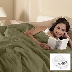 Sunbeam Queen Box Pattern Premium Heated Electric Warming Heating Blanket, Olive Green