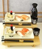 Sushi & Sake gift set black medallion plates & ONE GO calligraphy  bottle for two