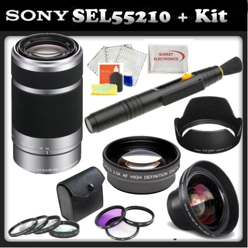 SEL55210, Sony - (e)mount - 55-210mm F4.5-6.3 Lens with Outdoor Kit: 0.45x Wide Angle Lens, 2x Telephoto Lens, 3 Piece Filter Kit, 4 Piece Macro Lens Kit, Lens Hood, Cleaning Kit, & Lens Pen SEL55210, Sony - (e)mount - 55-210mm F4.5-6.3 Lens with Outdoor Kit: 0.45x Wide Angle Lens, 2x Telephoto Lens, 3 Piece Filter Kit, 4 Piece Macro Lens Kit, Lens Hood, Cleaning Kit, & Lens Pen