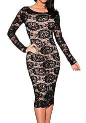 Sexy Lace Illusion Vintage Polyester/Spandex Knee Length Floral Print Long Sleeves Spring Summer Winter Midi Dress 