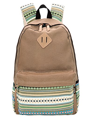 Leaper Causal Style Lightweight Canvas Laptop Bag/ Shoulder Bag/ School Backpack/ Travel Bag/ Handbag with Embroidery Design (Medium, Khaki+ Flower)
