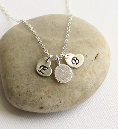 Tiny Sterling Silver Rainbow Druzy Bezel Necklace with Two Initial Hearts