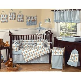 Brown and Blue Argyle Baby Bedding - 9pc Crib Set