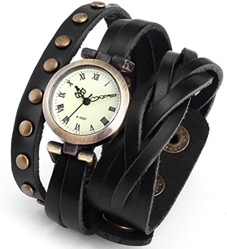 DAYAN Women's Weave Rivet Wrap Around Leather Retro Bracelet Quartz Wrist Watch Black